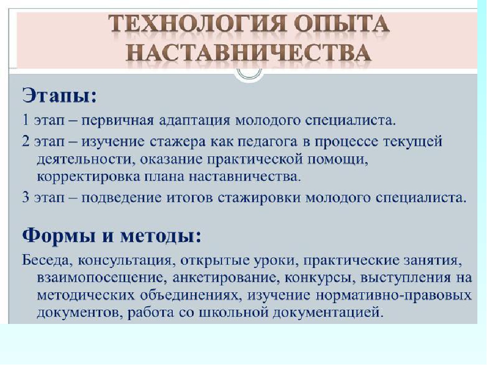 В чем именно заключается роль наставника. Формы наставничества в образовании. Роли педагогов наставников. Этапы процесса наставничества. Методы наставничества.